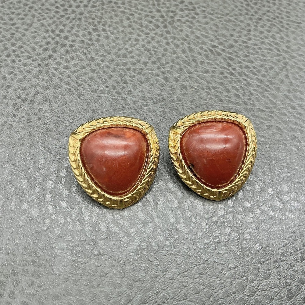 Vintage Monet Clip-On Earrings Gold Tone Wreath Red Cabochon Trillion Statement
